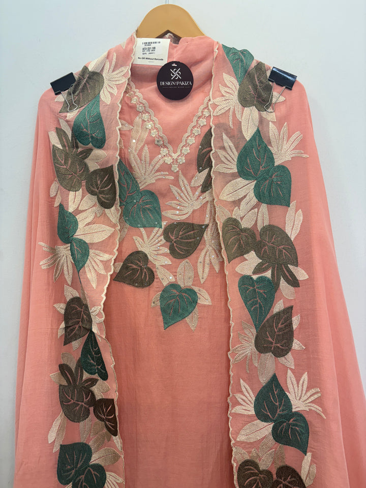 Peach Mul Cotton Unstitched Suit with Embroidery &amp; Lace Detailing