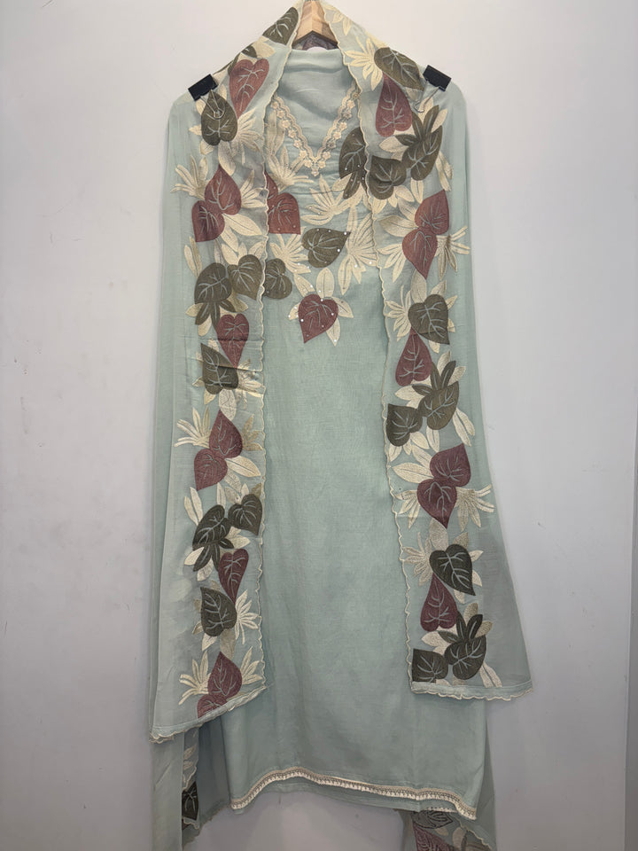 Blue Mul Cotton Unstitched Suit with Embroidery &amp; Lace Detailing