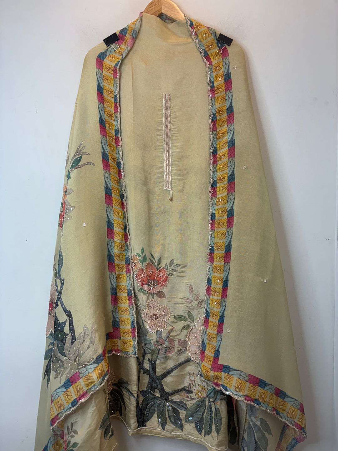 Soft Tissue Printed Unstitched Suit Set with Dabka &amp; Pearl Work