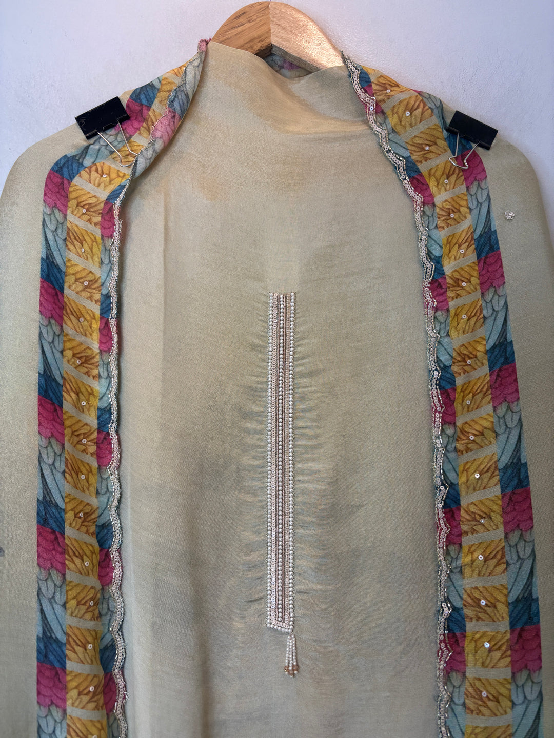 Soft Tissue Printed Unstitched Suit Set with Dabka &amp; Pearl Work