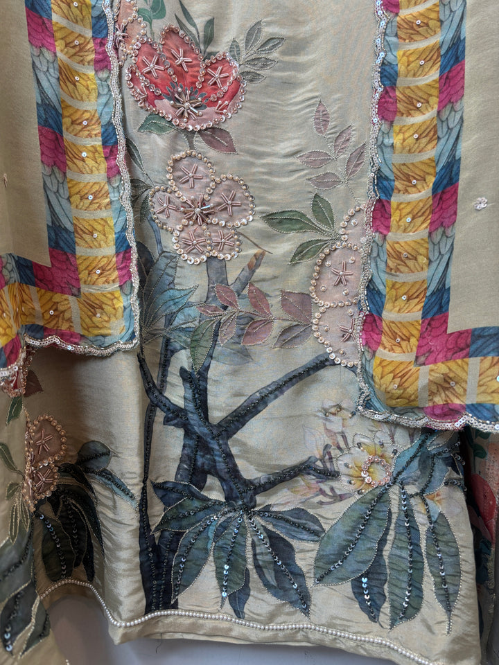 Soft Tissue Printed Unstitched Suit Set with Dabka &amp; Pearl Work