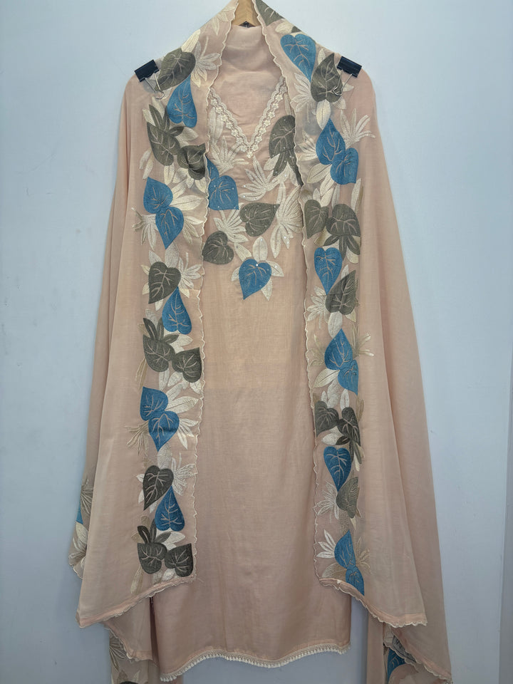 Beige Mul Cotton Unstitched Suit with Embroidery &amp; Lace Detailing