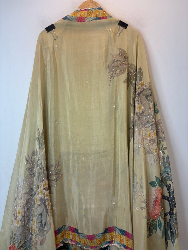 Soft Tissue Printed Unstitched Suit Set with Dabka &amp; Pearl Work