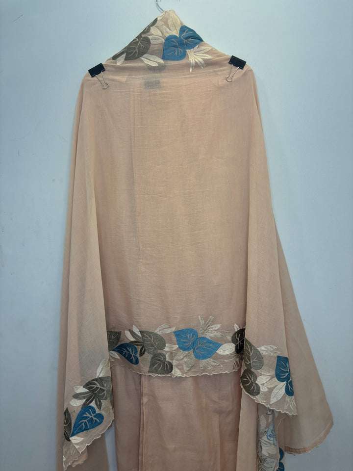Beige Mul Cotton Unstitched Suit with Embroidery &amp; Lace Detailing