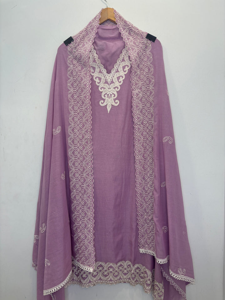 Purple Mul Cotton Unstitched Suit with Embroidery &amp; Cutwork Detailing