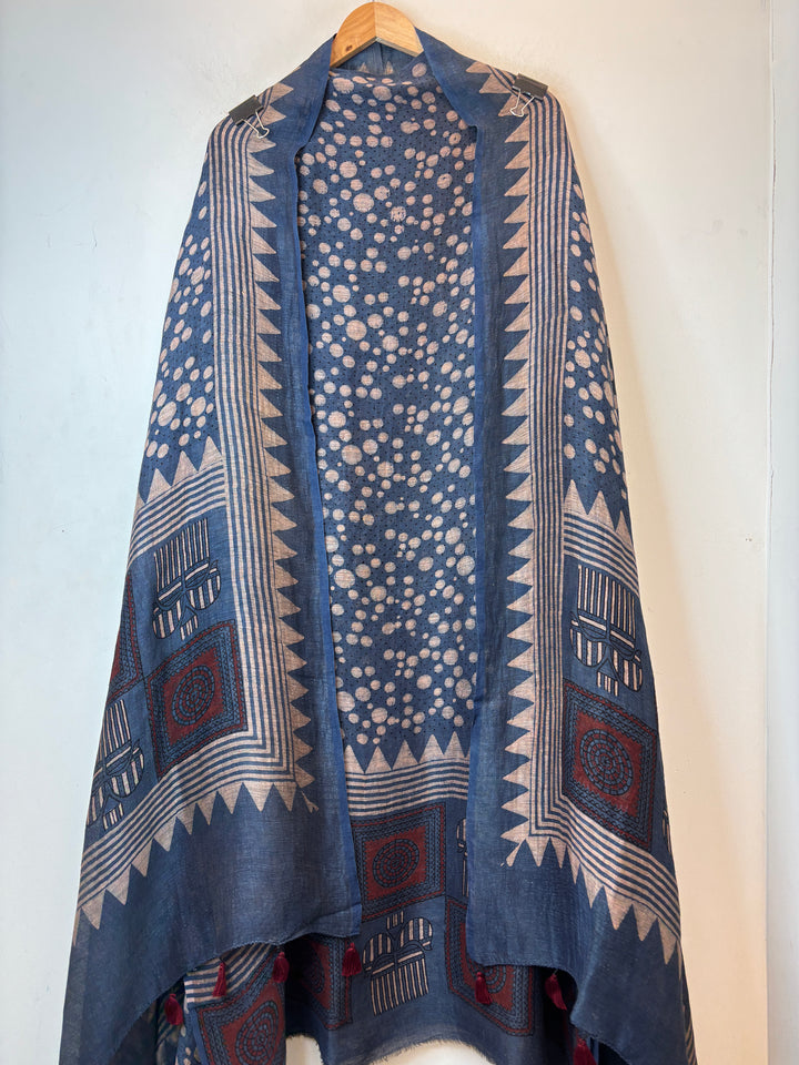 Blue Linen Ajrakh Block Printed Unstitched Suit Set