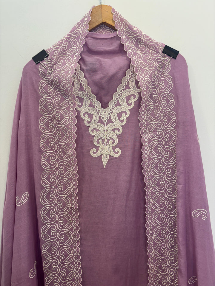 Purple Mul Cotton Unstitched Suit with Embroidery &amp; Cutwork Detailing