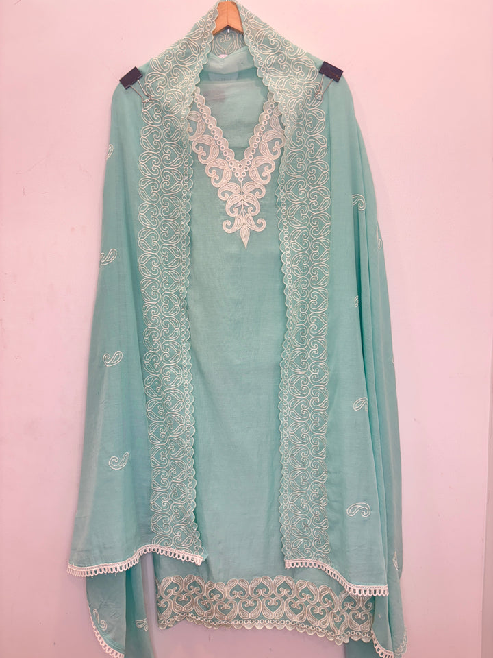 Blue Mul Cotton Unstitched Suit with Embroidery &amp; Cutwork Detailing
