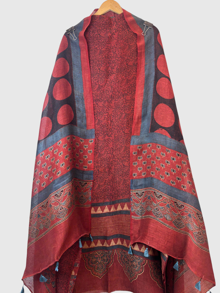Maroon Linen Ajrakh Block Printed Unstitched Suit Set