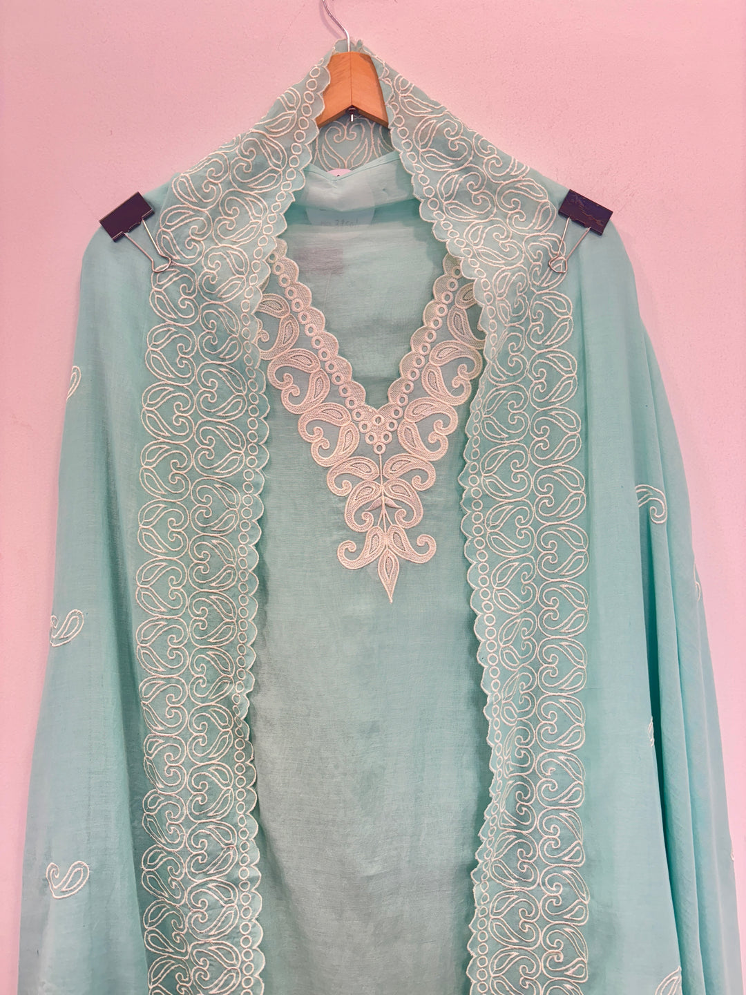 Blue Mul Cotton Unstitched Suit with Embroidery &amp; Cutwork Detailing