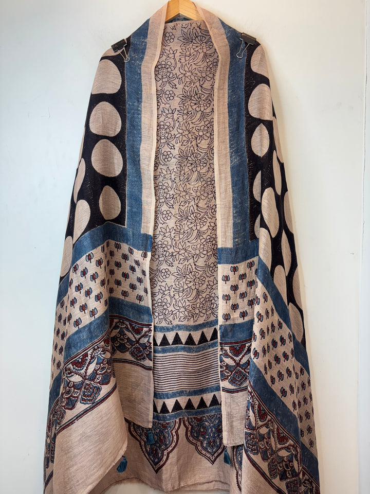 Beige Linen Ajrakh Block Printed Unstitched Suit Set