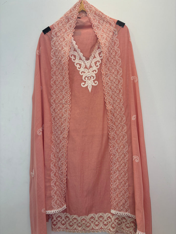 Peach Mul Cotton Unstitched Suit with Embroidery &amp; Cutwork Detailing