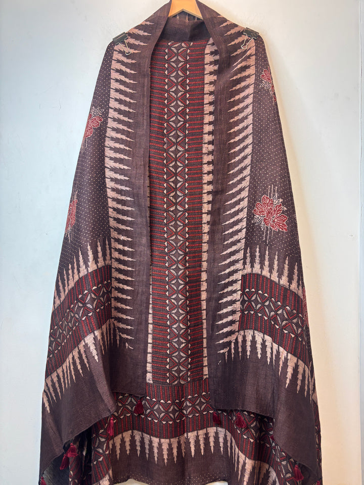 Smoky Plum Brown Ajrakh Block Printed Unstitched Suit Set