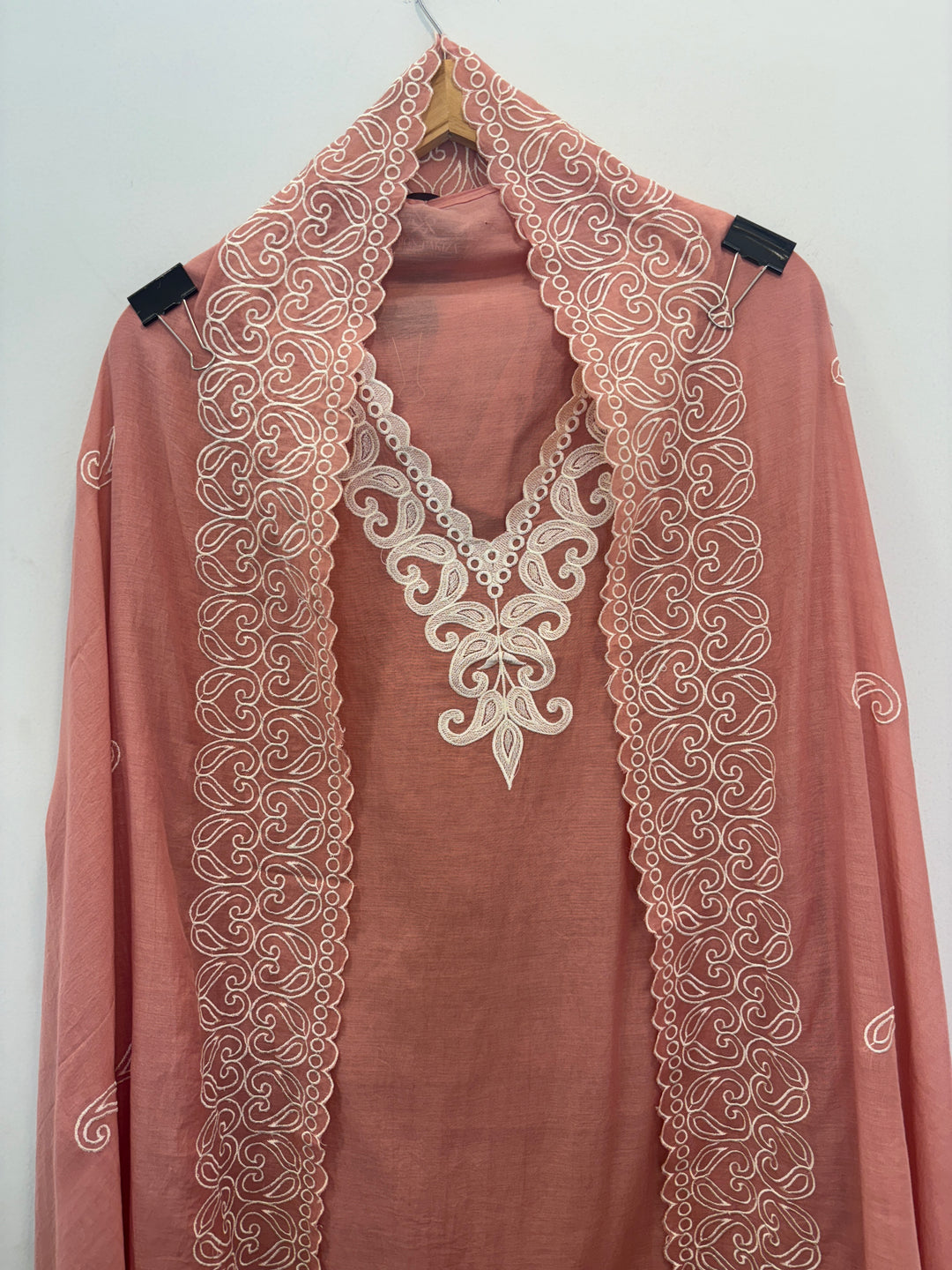 Peach Mul Cotton Unstitched Suit with Embroidery &amp; Cutwork Detailing