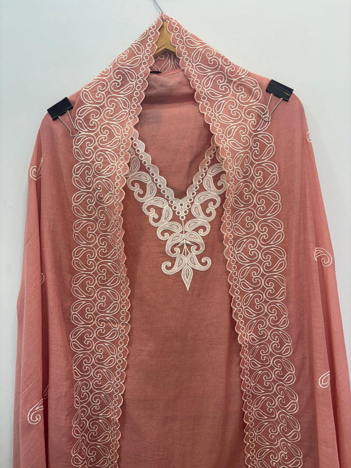 Peach Mul Cotton Unstitched Suit with Embroidery &amp; Cutwork Detailing
