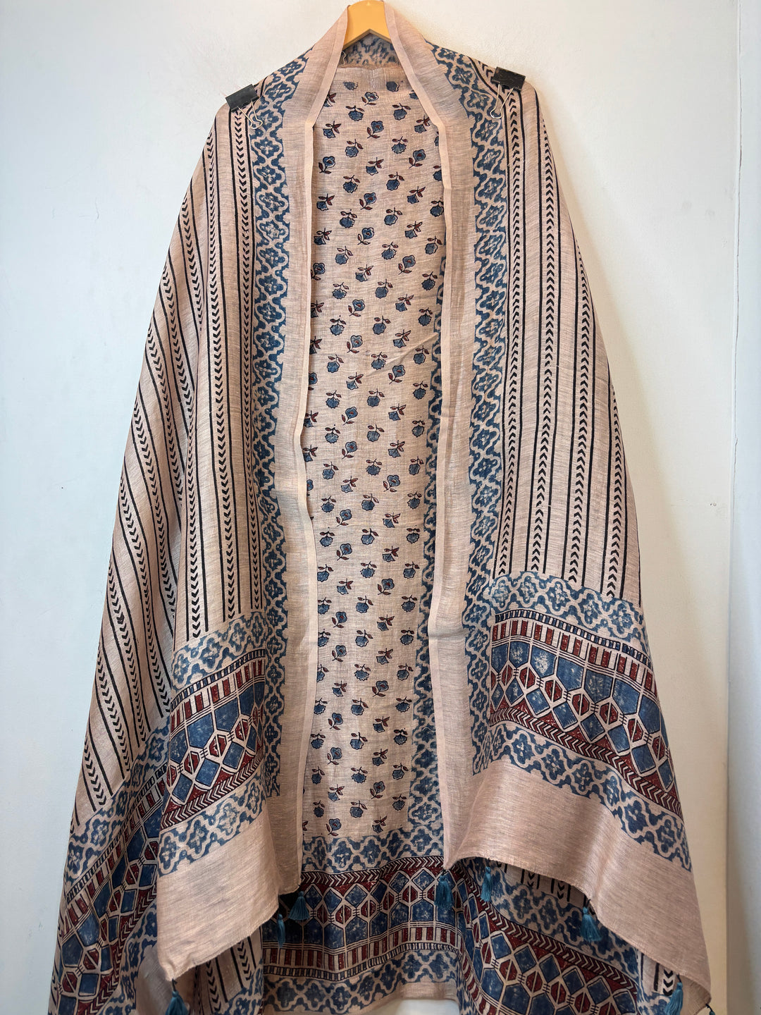 Soft Beige Ajrakh Block Printed Unstitched Suit Set