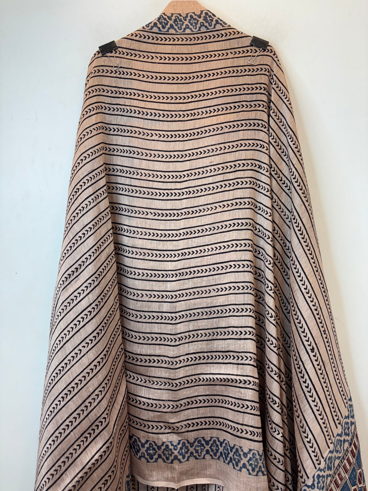 Soft Beige Ajrakh Block Printed Unstitched Suit Set