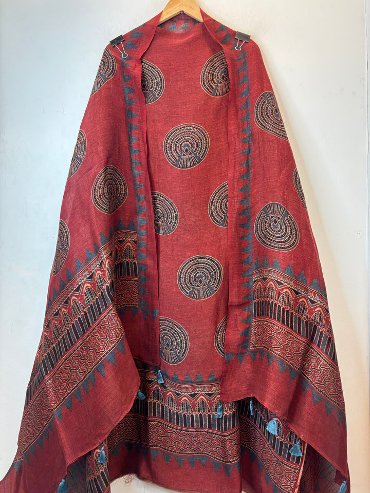 Red Linen Ajrakh Block Printed Unstitched Suit Set