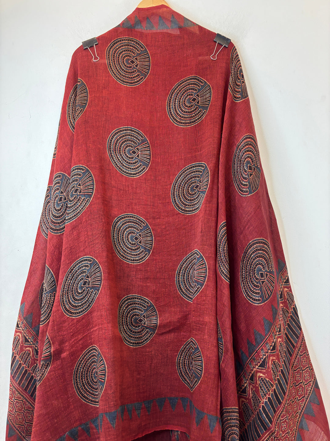 Red Linen Ajrakh Block Printed Unstitched Suit Set