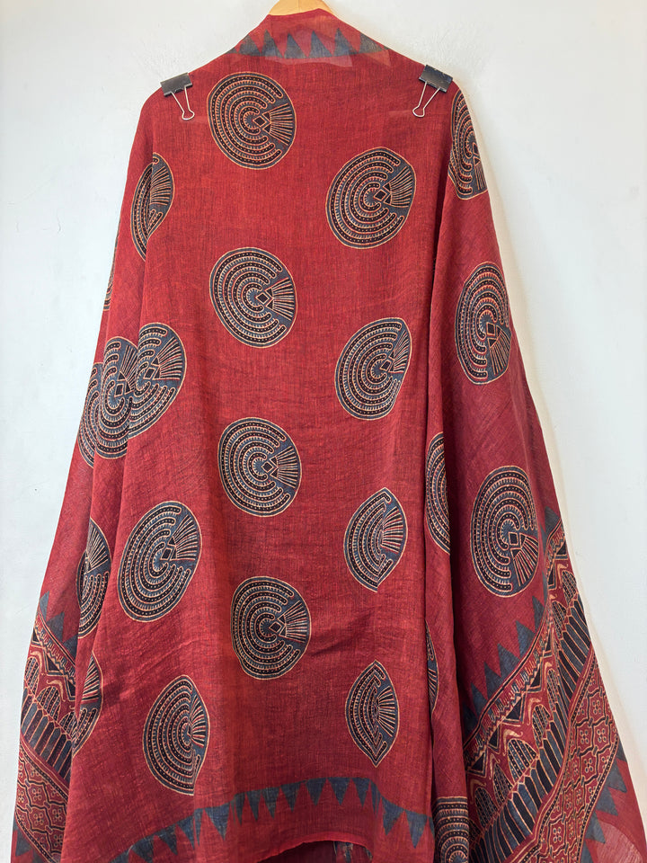 Red Linen Ajrakh Block Printed Unstitched Suit Set