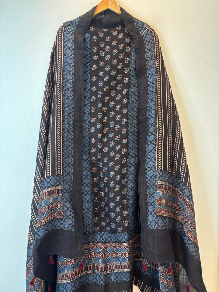 Black &amp; Blue Ajrakh Block Printed Unstitched Suit Set