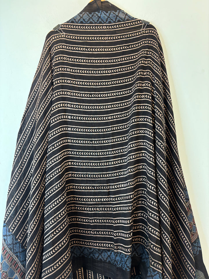 Black &amp; Blue Ajrakh Block Printed Unstitched Suit Set