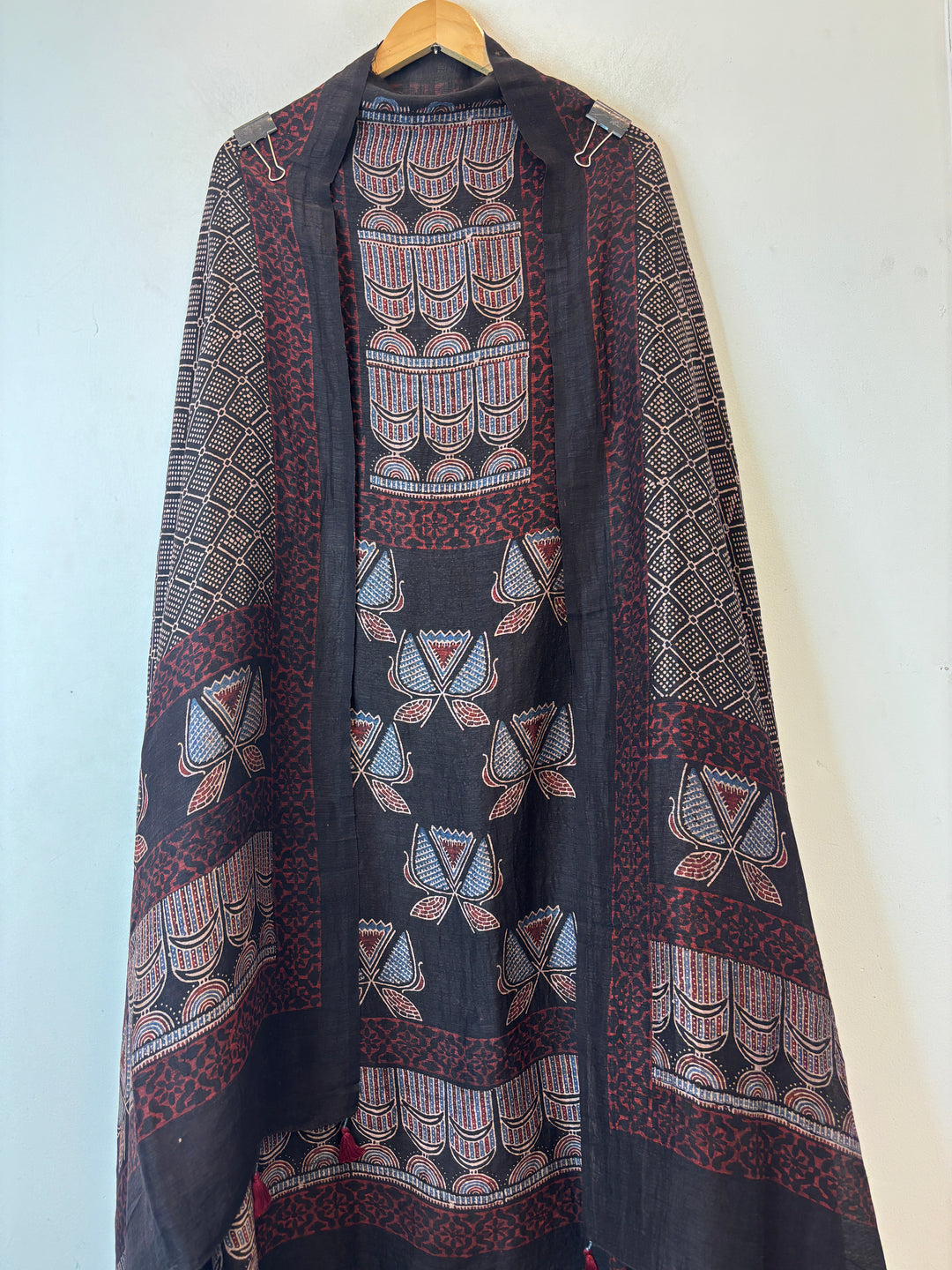 Navy Blue Ajrakh Block Printed Unstitched Suit Set