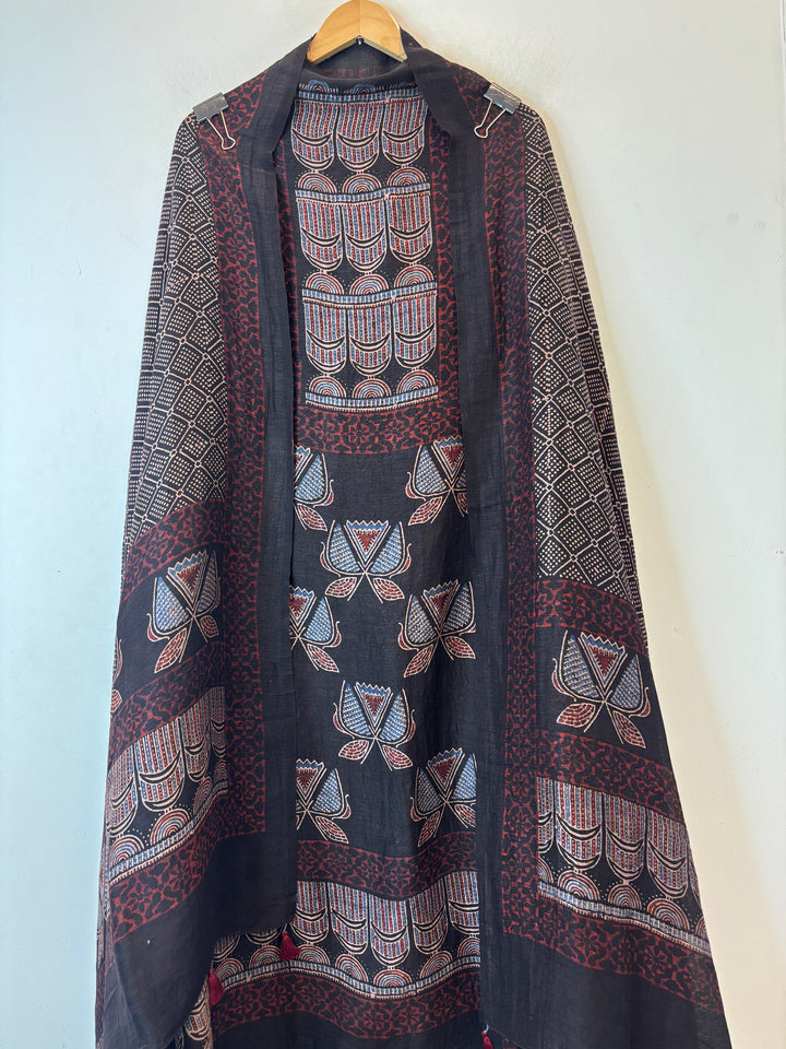 Navy Blue Ajrakh Block Printed Unstitched Suit Set