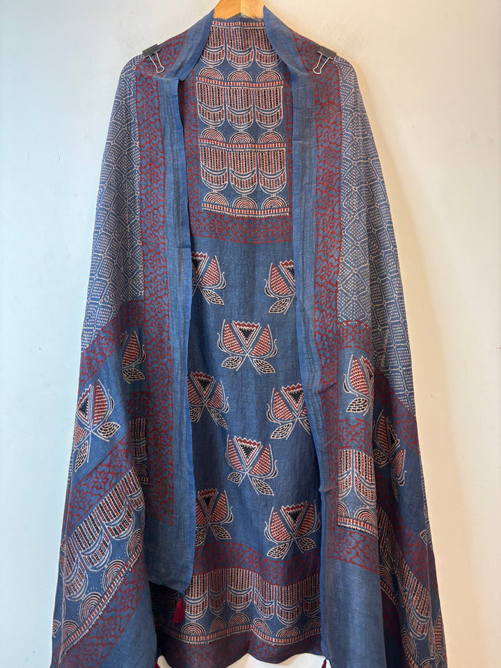 Indigo Blue Linen Ajrakh Block Printed Unstitched Suit Set