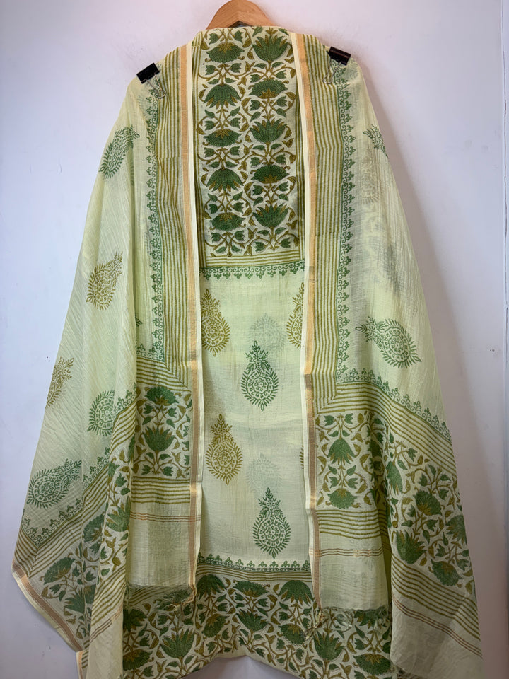 Green Mul Chanderi Hand Block Printed Suit Set ML4