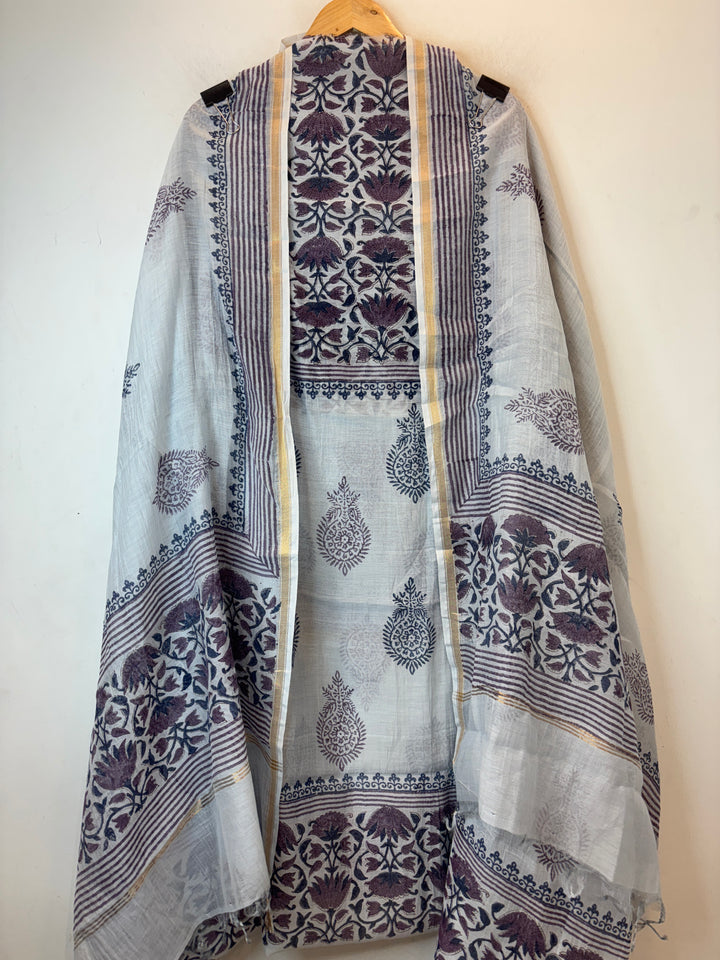 Powder White with Indigo Mul Chanderi Hand Block Printed Suit Set ML6