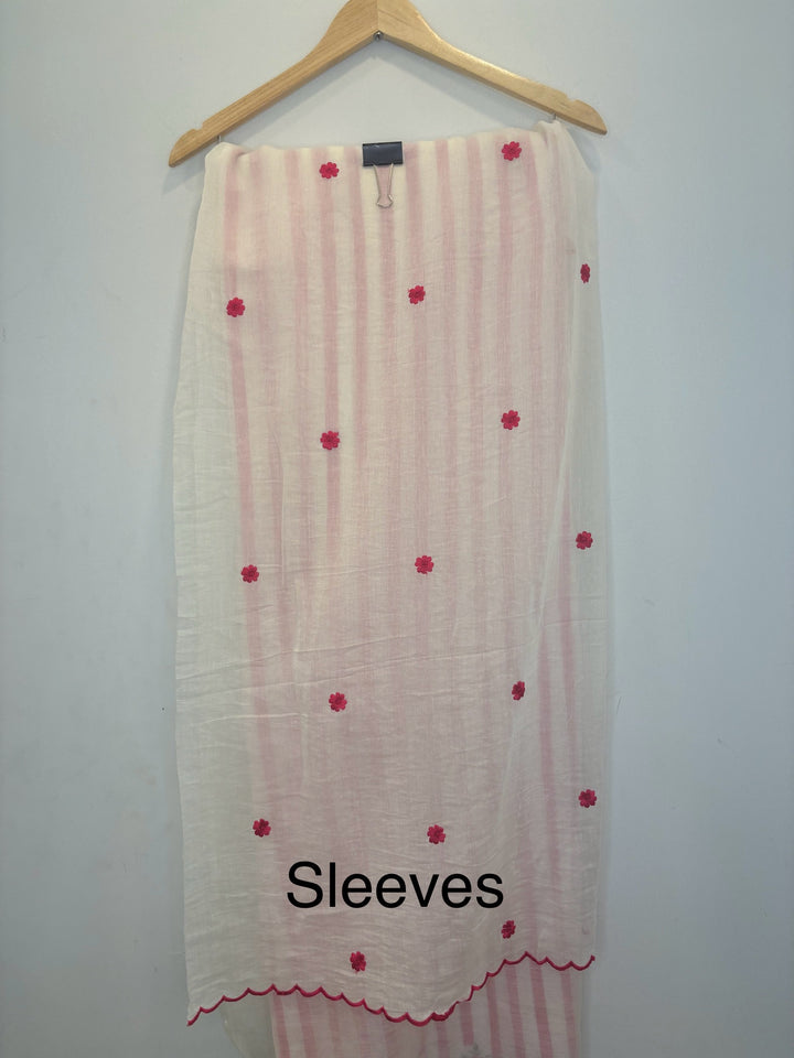 Pink Mul Cotton Unstitched Suit with Stripes, Cutwork &amp; Embroidery