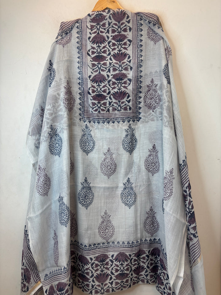 Powder White with Indigo Mul Chanderi Hand Block Printed Suit Set ML6