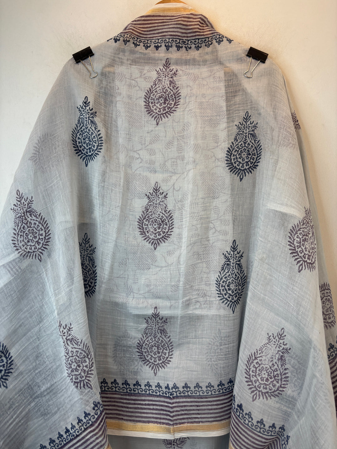 Powder White with Indigo Mul Chanderi Hand Block Printed Suit Set ML6