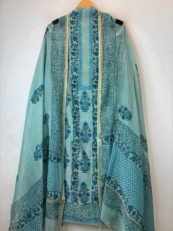 Mint Blue Mul Chanderi Hand Block Printed Suit Set ML1