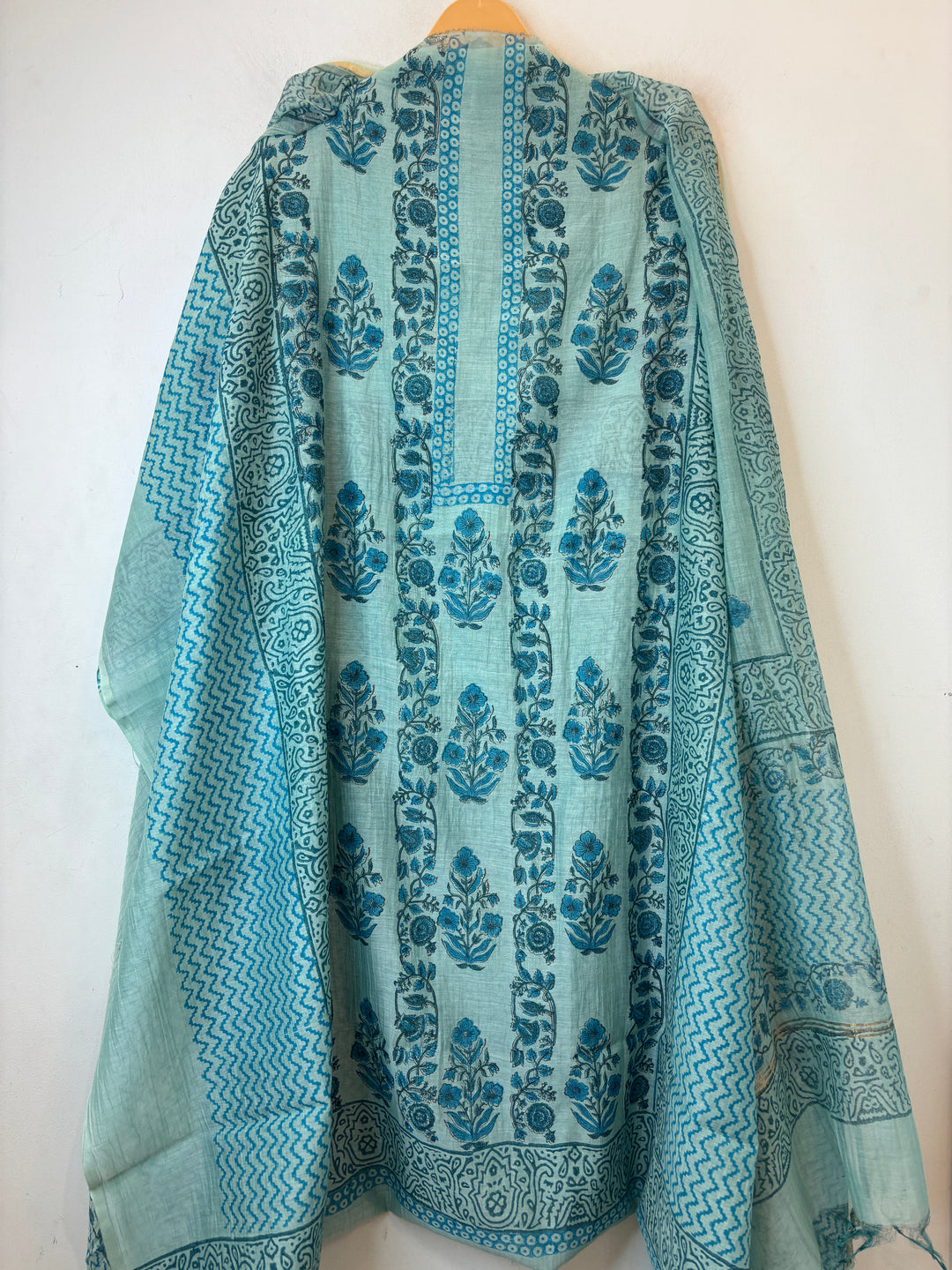 Mint Blue Mul Chanderi Hand Block Printed Suit Set ML1
