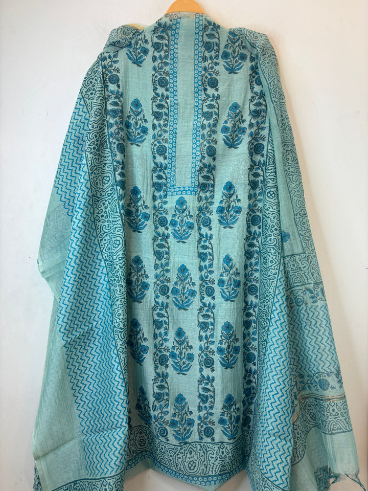 Mint Blue Mul Chanderi Hand Block Printed Suit Set ML1