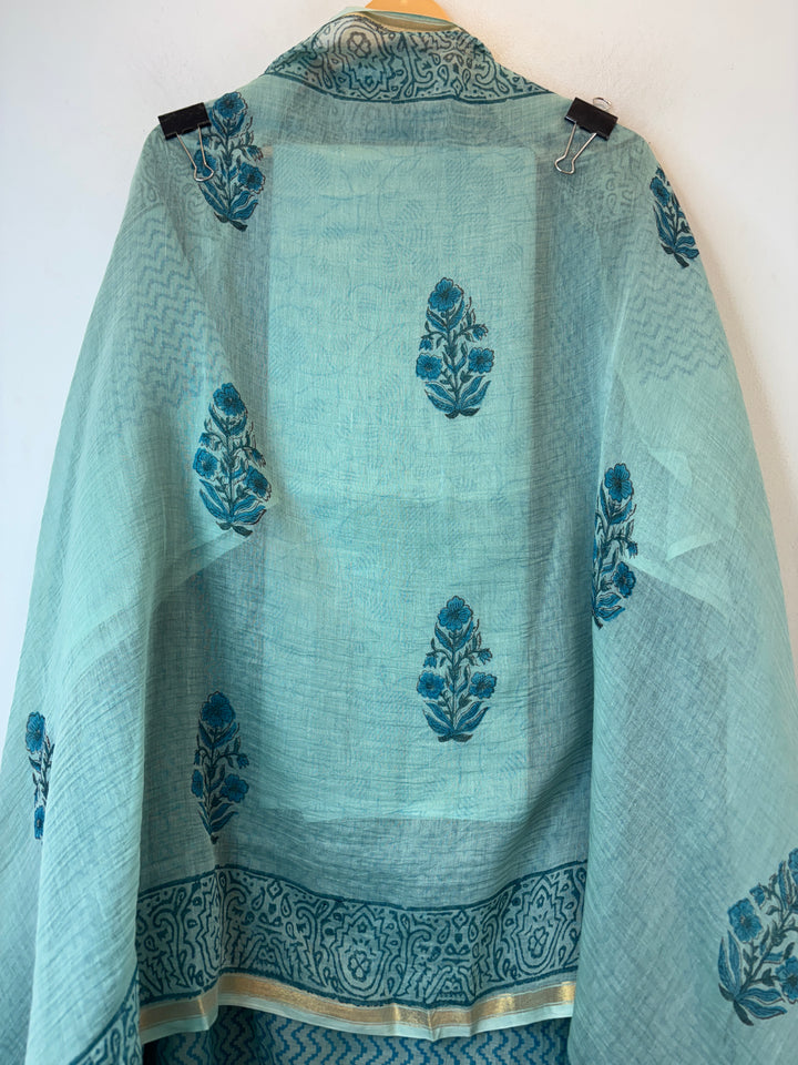 Mint Blue Mul Chanderi Hand Block Printed Suit Set ML1