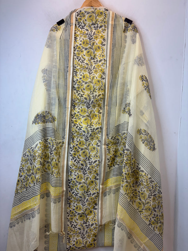 Butter Yellow Mul Chanderi Hand Block Printed Suit Set ML5