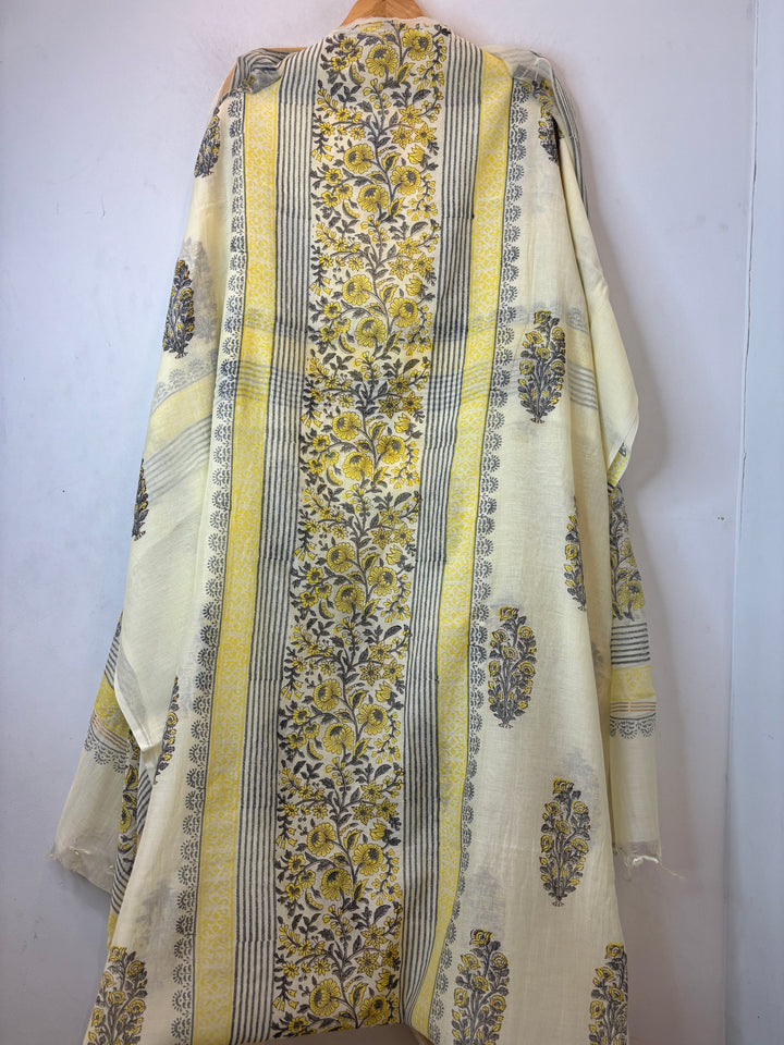 Butter Yellow Mul Chanderi Hand Block Printed Suit Set ML5