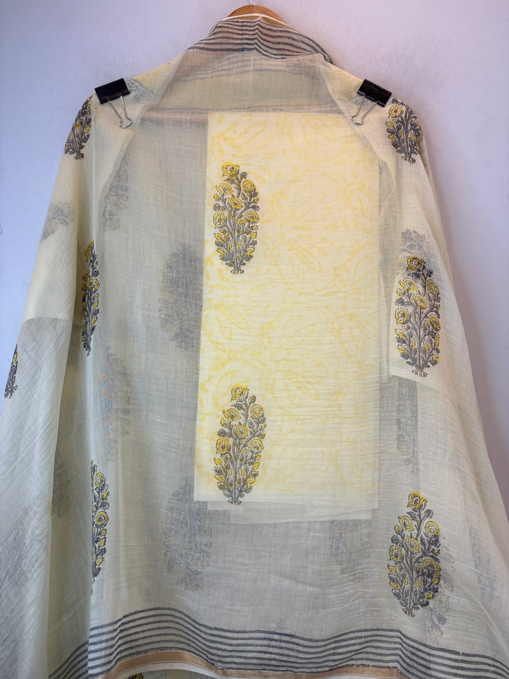 Butter Yellow Mul Chanderi Hand Block Printed Suit Set ML5
