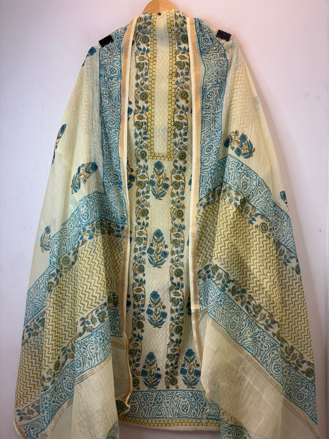 Cream Beige with Aqua Blue Mul Chanderi Hand Block Printed Suit Set ML7