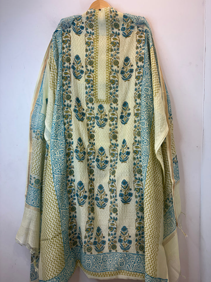 Cream Beige with Aqua Blue Mul Chanderi Hand Block Printed Suit Set ML7