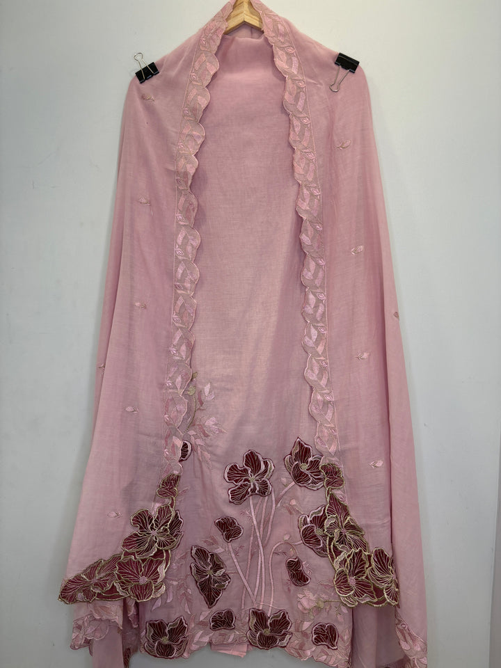 Pink Mul Cotton Unstitched Suit with Applique &amp; Embroidered Dupatta