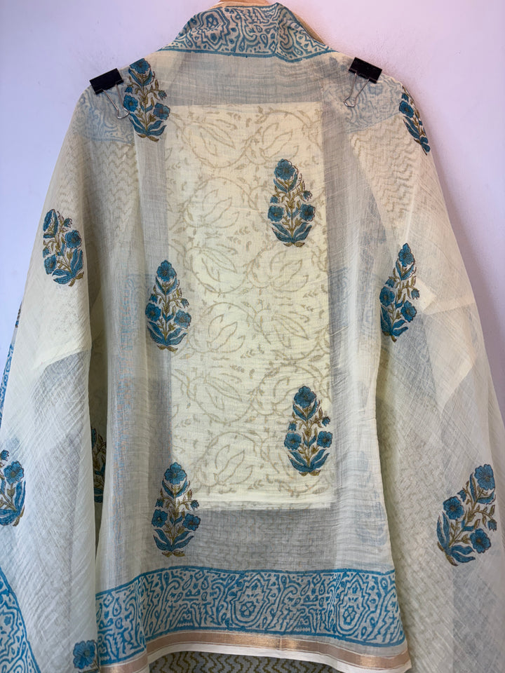 Cream Beige with Aqua Blue Mul Chanderi Hand Block Printed Suit Set ML7