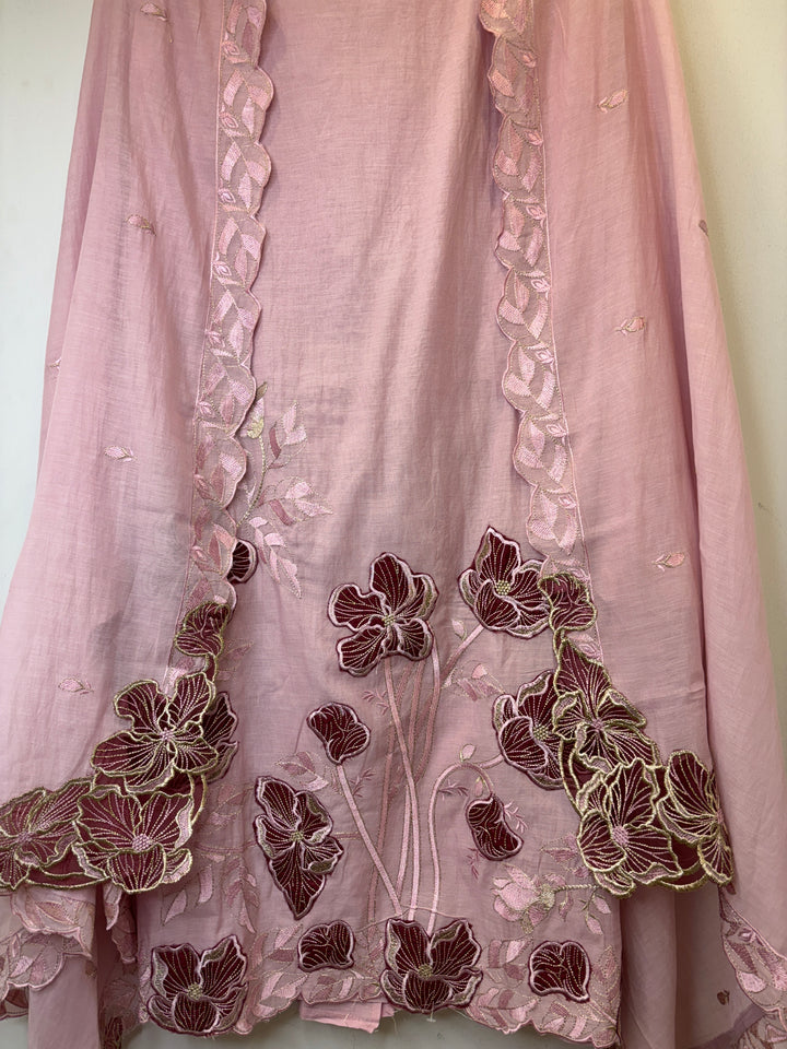 Pink Mul Cotton Unstitched Suit with Applique &amp; Embroidered Dupatta