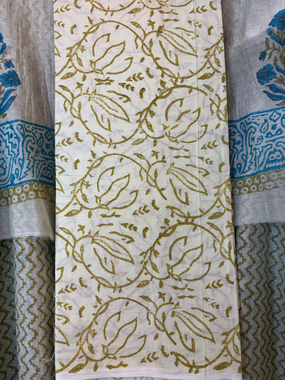 Cream Beige with Aqua Blue Mul Chanderi Hand Block Printed Suit Set ML7
