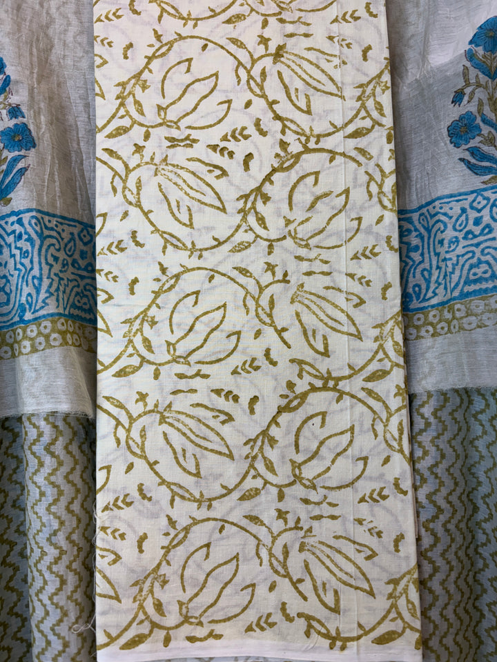 Cream Beige with Aqua Blue Mul Chanderi Hand Block Printed Suit Set ML7