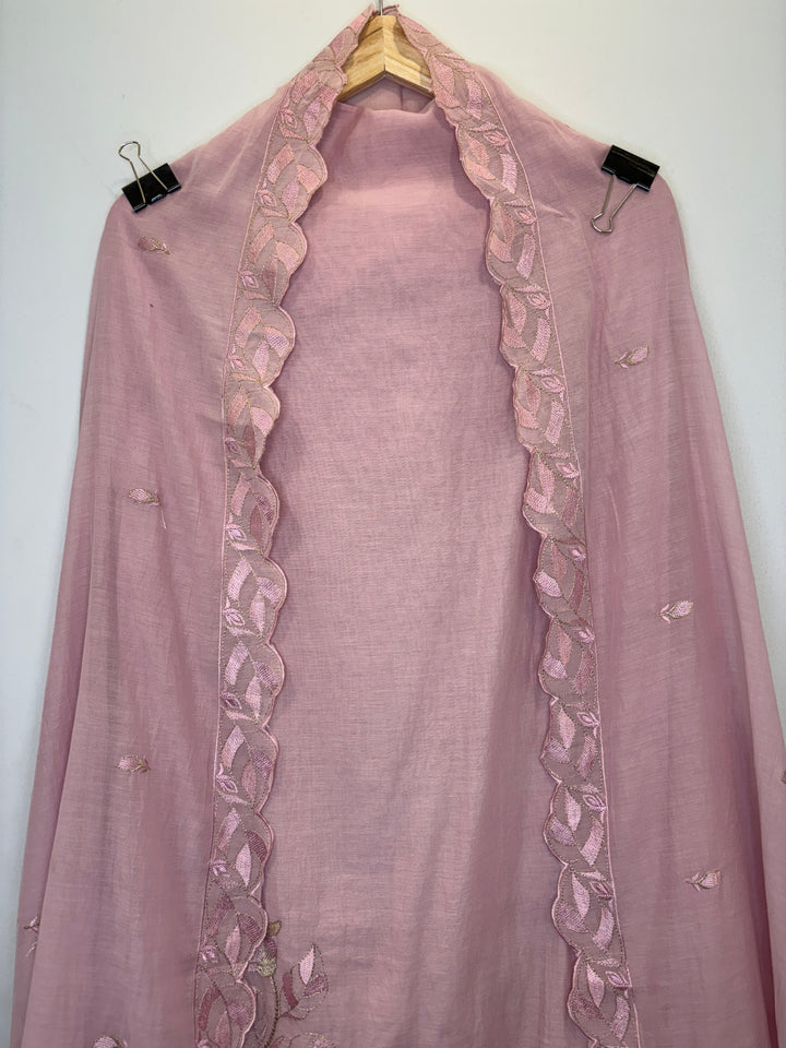 Pink Mul Cotton Unstitched Suit with Applique &amp; Embroidered Dupatta