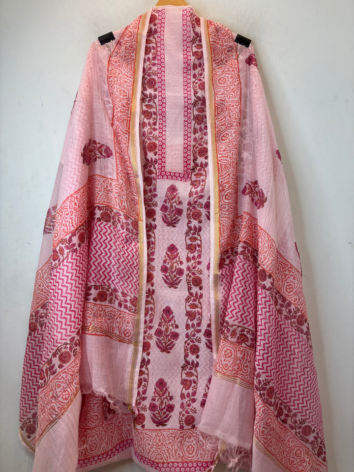 Pink Mul Chanderi Hand Block Printed Suit Set ML3